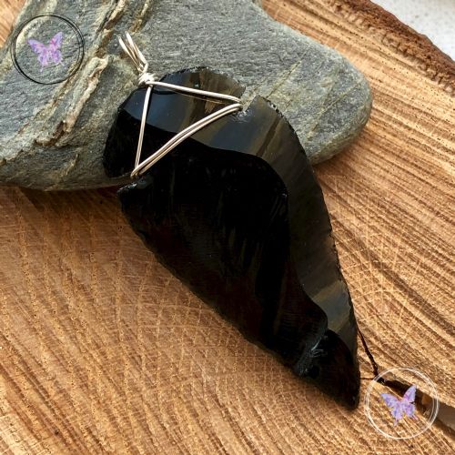 Black Obsidian Arrowhead Silver Pendant